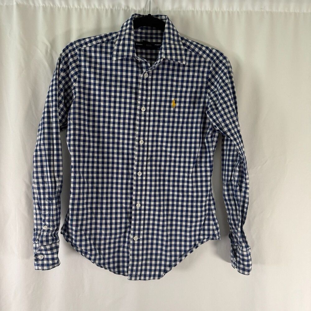 Ralph Lauren Sport Dress Shirt Women's 4 Blue White Plaid Button Up Collared